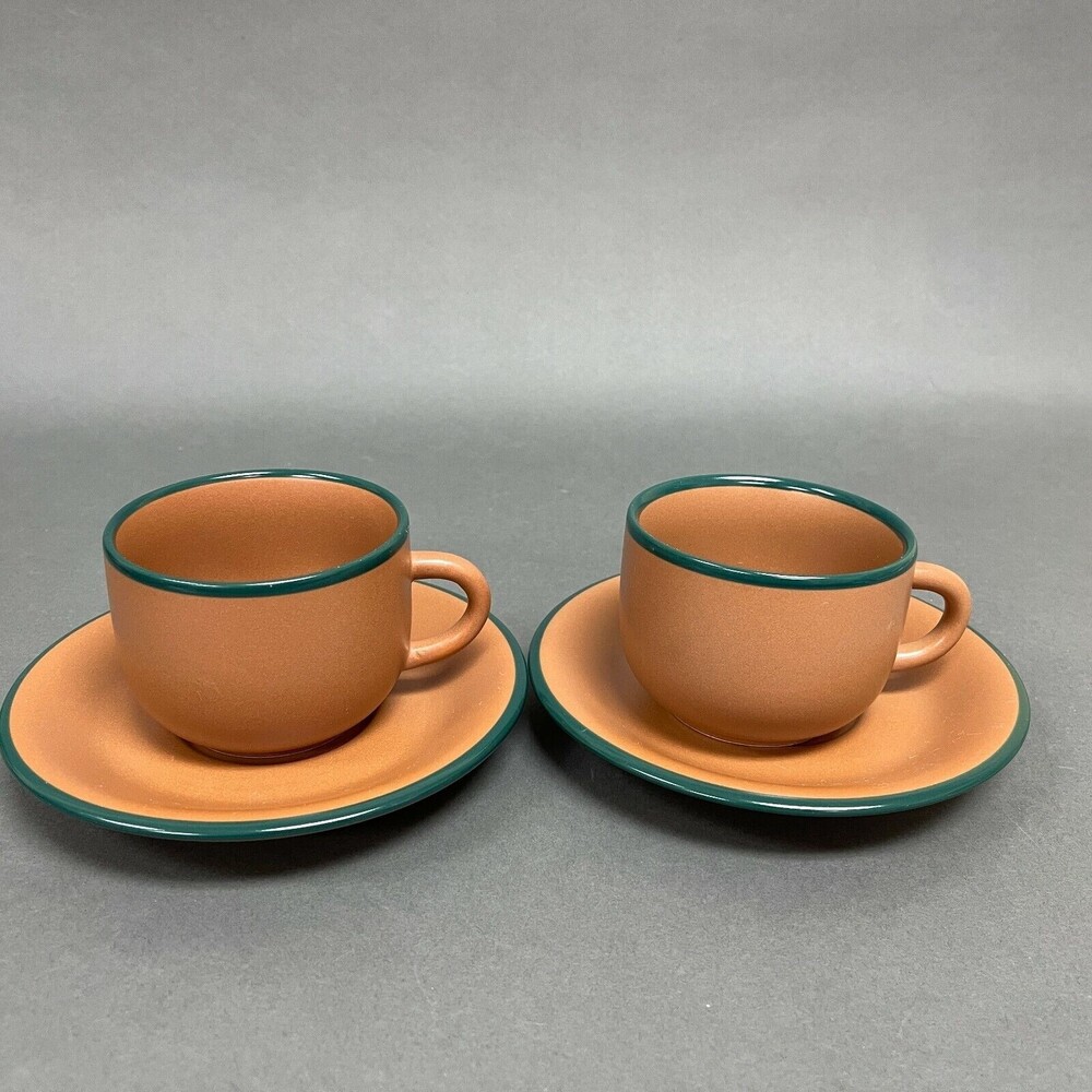 Vintage‎ Brown Green Trim Cups and Saucers Mexico? Lot of 4
